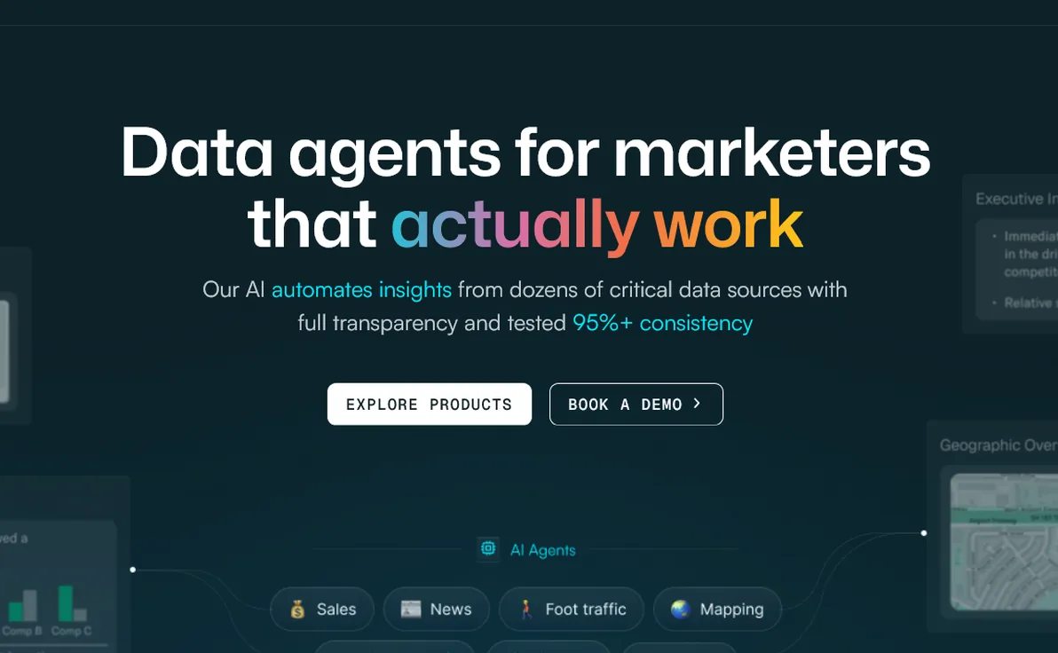 Datacakes homepage headline, Data agents for marketers that actually work, with data agent panels around it