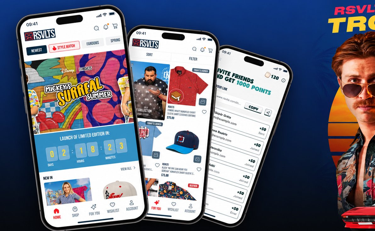 RSVLTS app on three phones showing the home feed with a limited-edition launch countdown, a collection list, and a referral screen